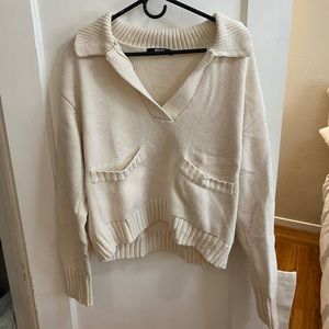 Cream V Neck Sweater - Miss Lola